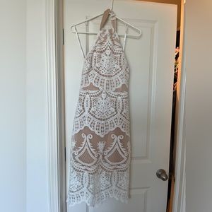 Lulus white lace dress with nude overlay underneath